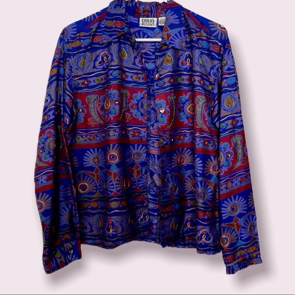 Vintage Chico’s Blue Sun Silk Print Button Down Blouse Chico's Size 1 (Small)
